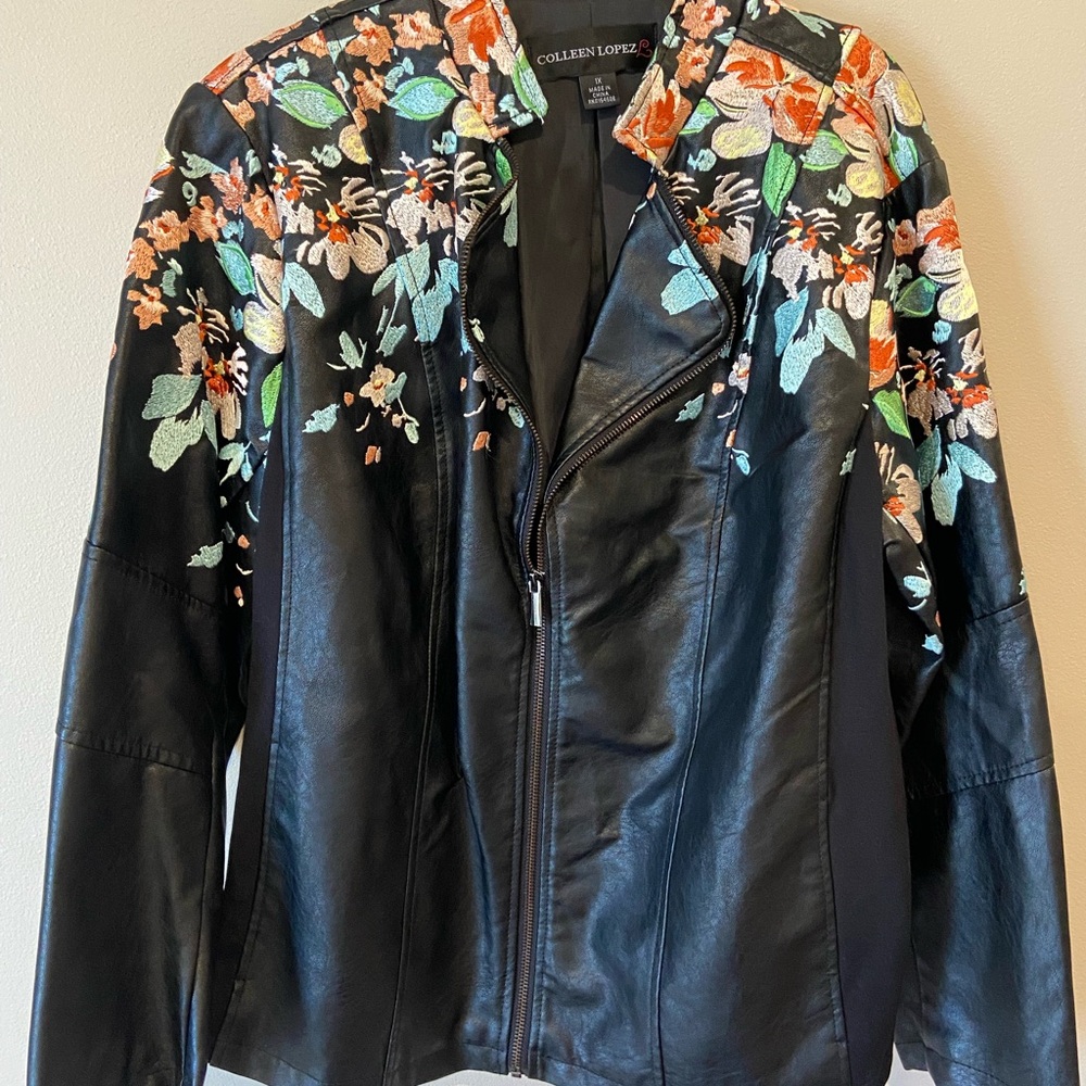 Colleen Lopez Black Jacket with Colorful Floral Embroidery on shoulders.
